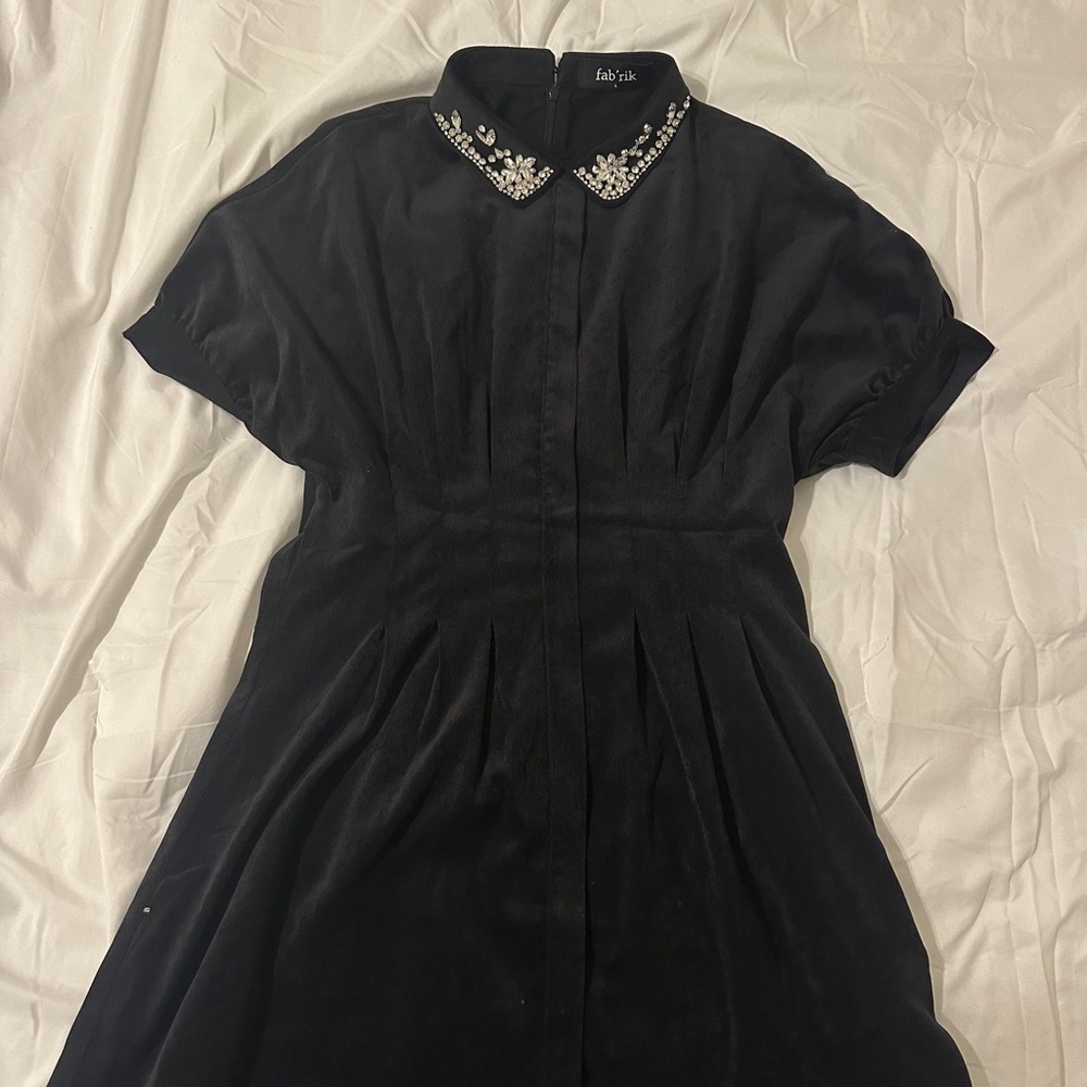 Fab'rik Elegant Black Mini Dress with Embellished Collar